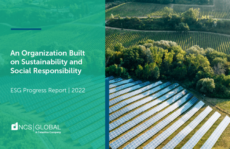 Aerial view of a solar farm beside a vineyard. Text overlay reads: "An Organization Built on Sustainability and Social Responsibility, ESG Report 2022, NCS GLOBAL, A Celestica Company.