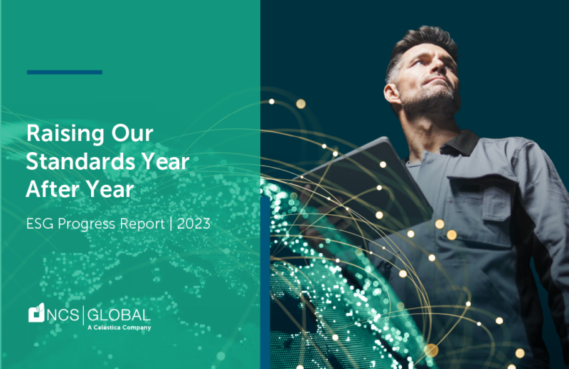 Man holding tablet, gazing upward, over digital graphic backdrop. Accompanying text: "Raising Our Standards Year After Year, 2023 ESG Report, NCS Global, A Geisetsu Company.