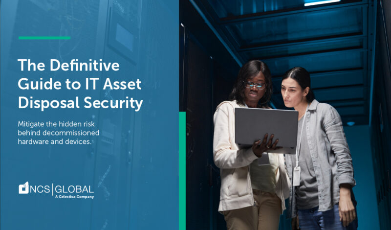 Two professionals in a server room examine a laptop. Text reads: "The Definitive Guide to IT Asset Disposal Security. Mitigate the hidden risk behind decommissioned hardware and devices with ITAD best practices.