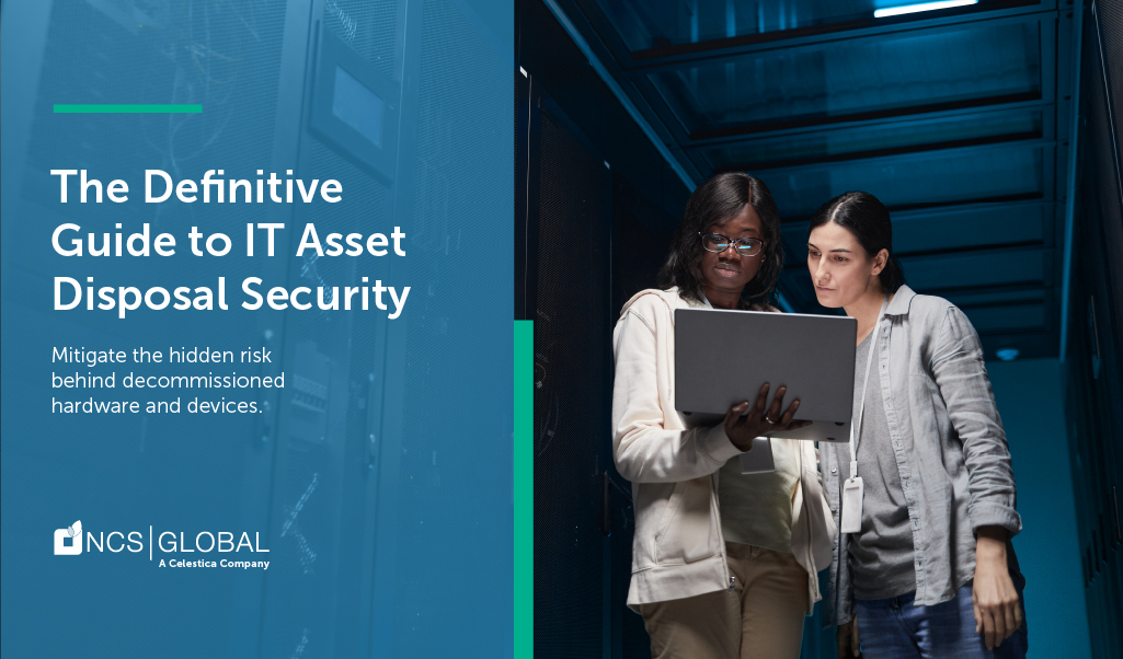 Two professionals in a server room examine a laptop. Text reads: "The Definitive Guide to IT Asset Disposal Security. Mitigate the hidden risk behind decommissioned hardware and devices with ITAD best practices.