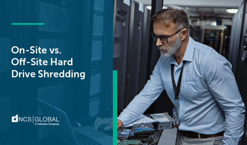 A man in a server room places hard drives into a machine. Text reads "On-Site vs. Off-Site Hard Drive Shredding: Best Practices" with the "NCS Global" logo.